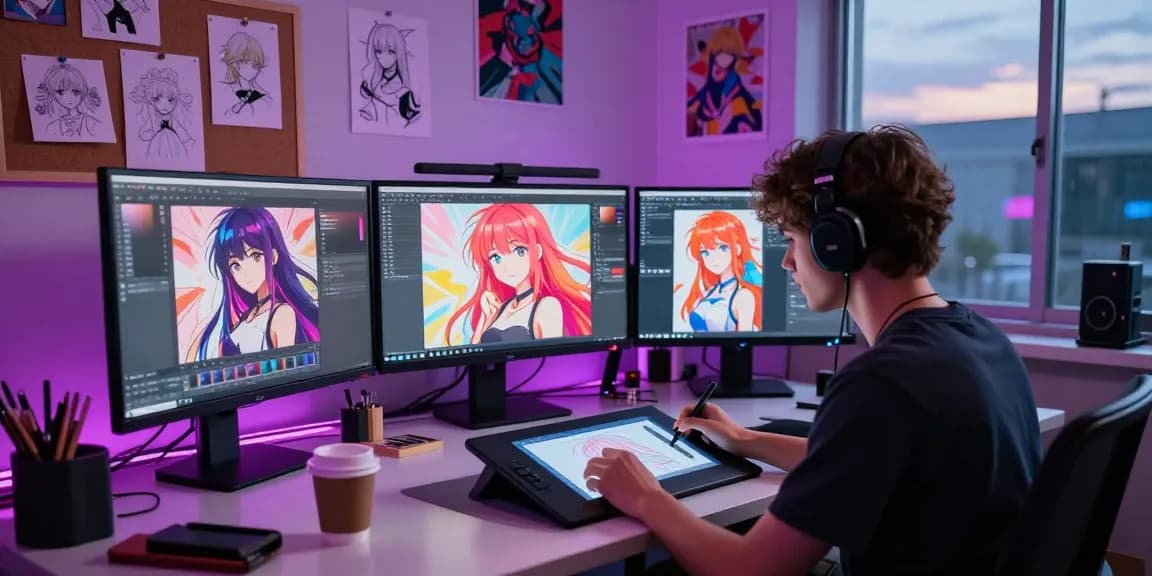 Creating ecchi AI art in a modern studio filled with vibrant colors and creativity