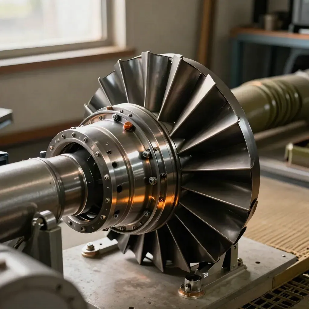 Upgraded turbine blade, seal ring, and actuator beside a throat in a polished service bay.
