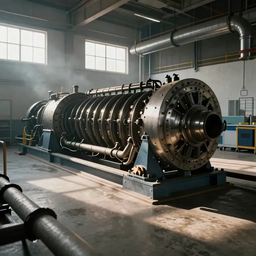 Reassembled steam turbine hall with polished casing, steady lines, and residual steam.