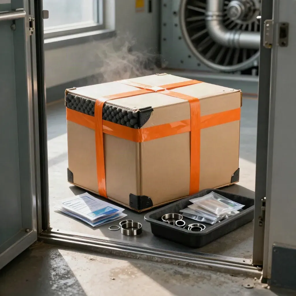 Courier crate with turbine seal kit beside a plant access door, ready for installation.