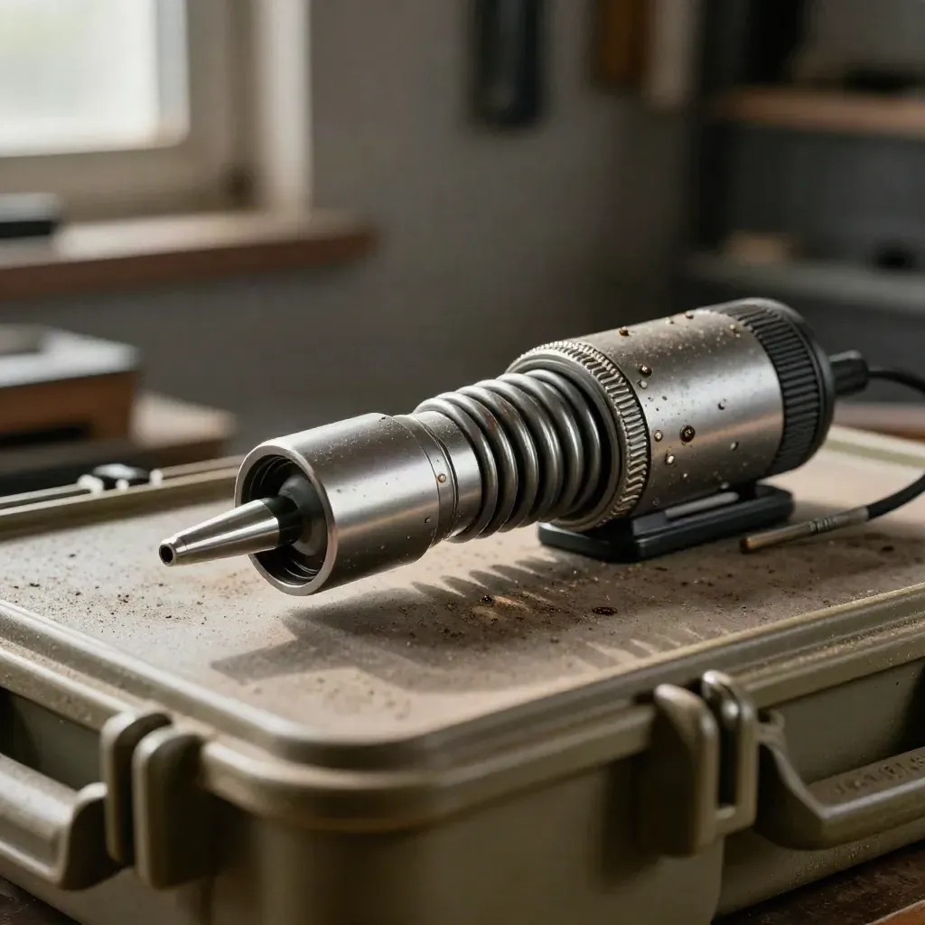 Borescope tip, coiled fiber-optic cable, and oil-marked case latch in a workshop close-up.