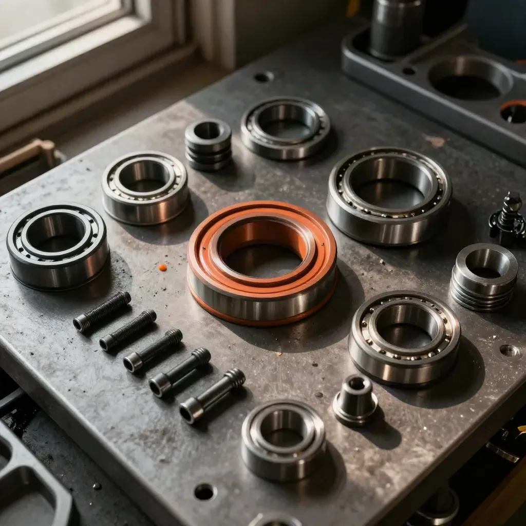 Top-down turbine parts arranged on a dark bench around an orange sealing ring