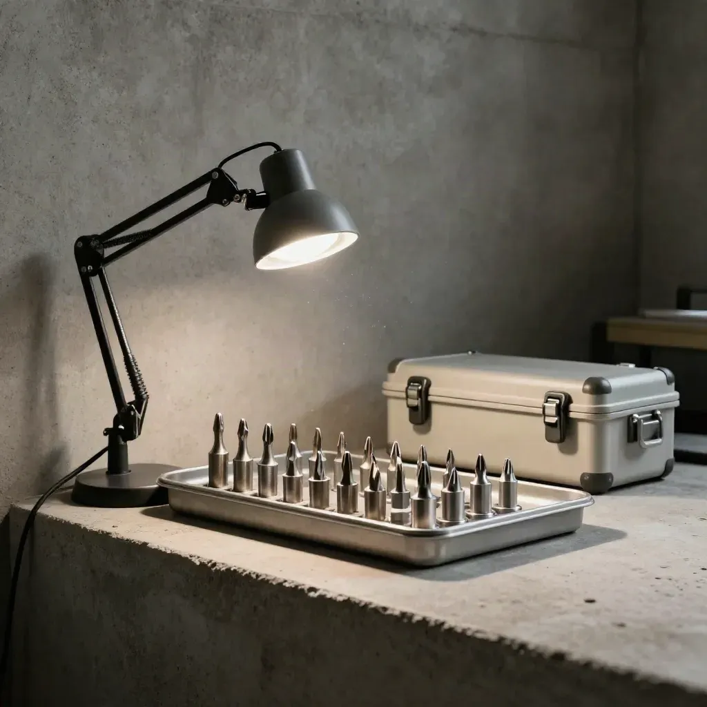 Workshop repair kit with tool tray, lamp, bits and case on concrete ledge.