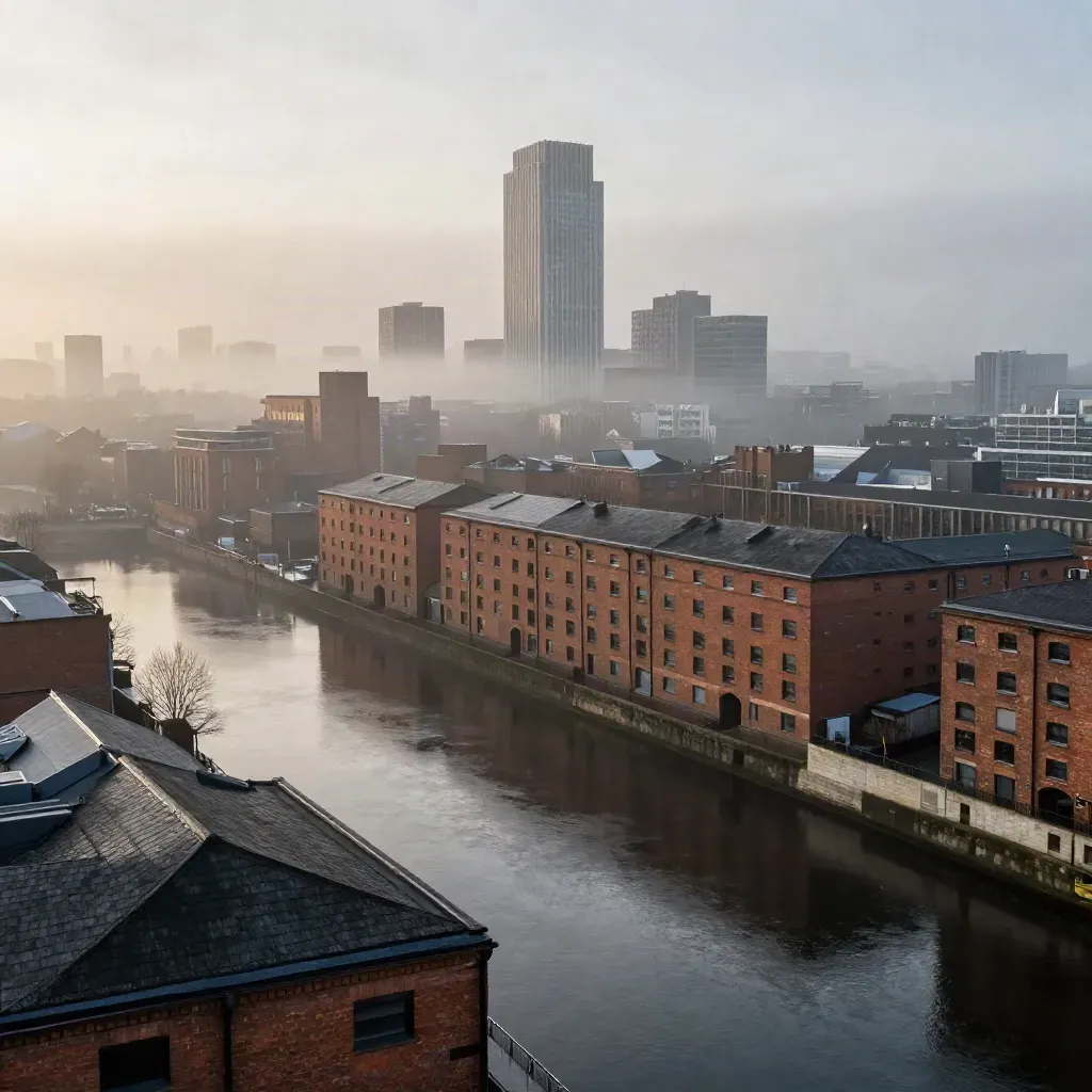 Manchester and Salford skyline over canal warehouses in mist, with Beetham Tower above the river