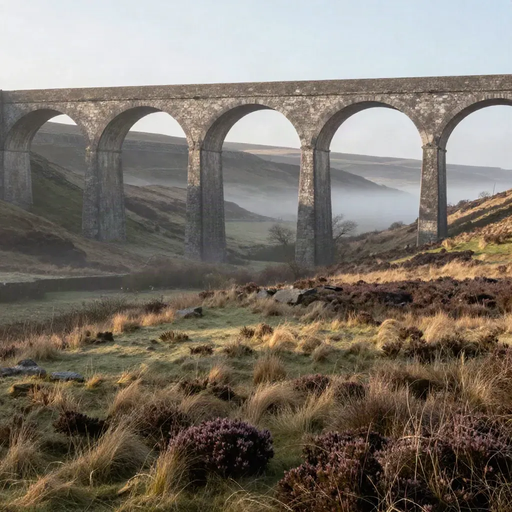 Ribblehead Viaduct over misty Yorkshire Dales at sunrise, with open moor below
